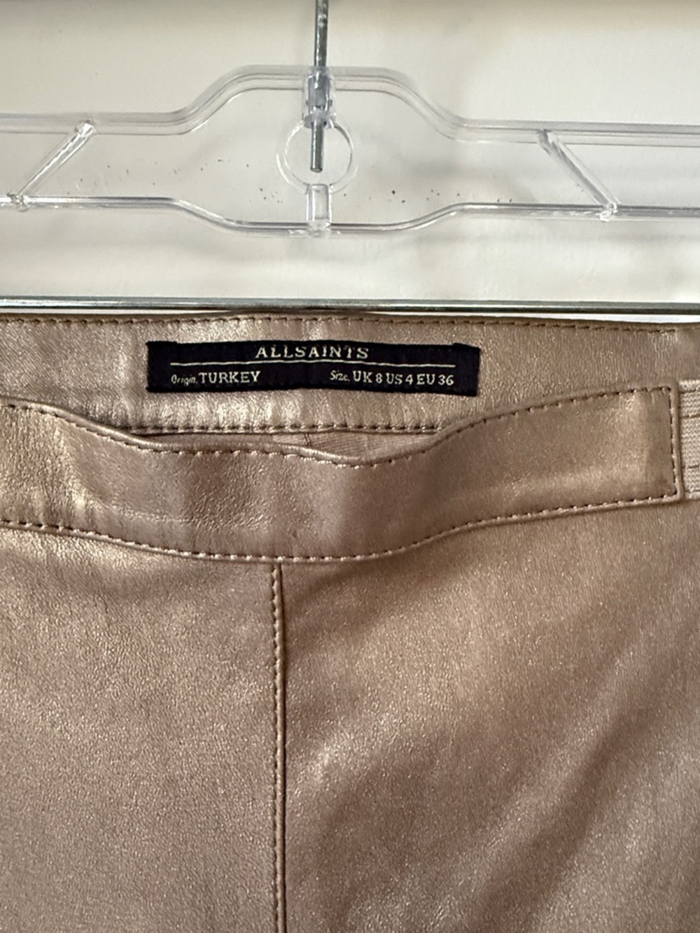 AllSaints Metallic Taupe-Look Lamb Leather Leggings Low rise Pants 4 Moto Tights - Picture 4 of 7